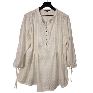 Roz‎ & Ali Womens Eyelet Tunic Boho Blouse Shirt 3/4 Sleeve White 2X